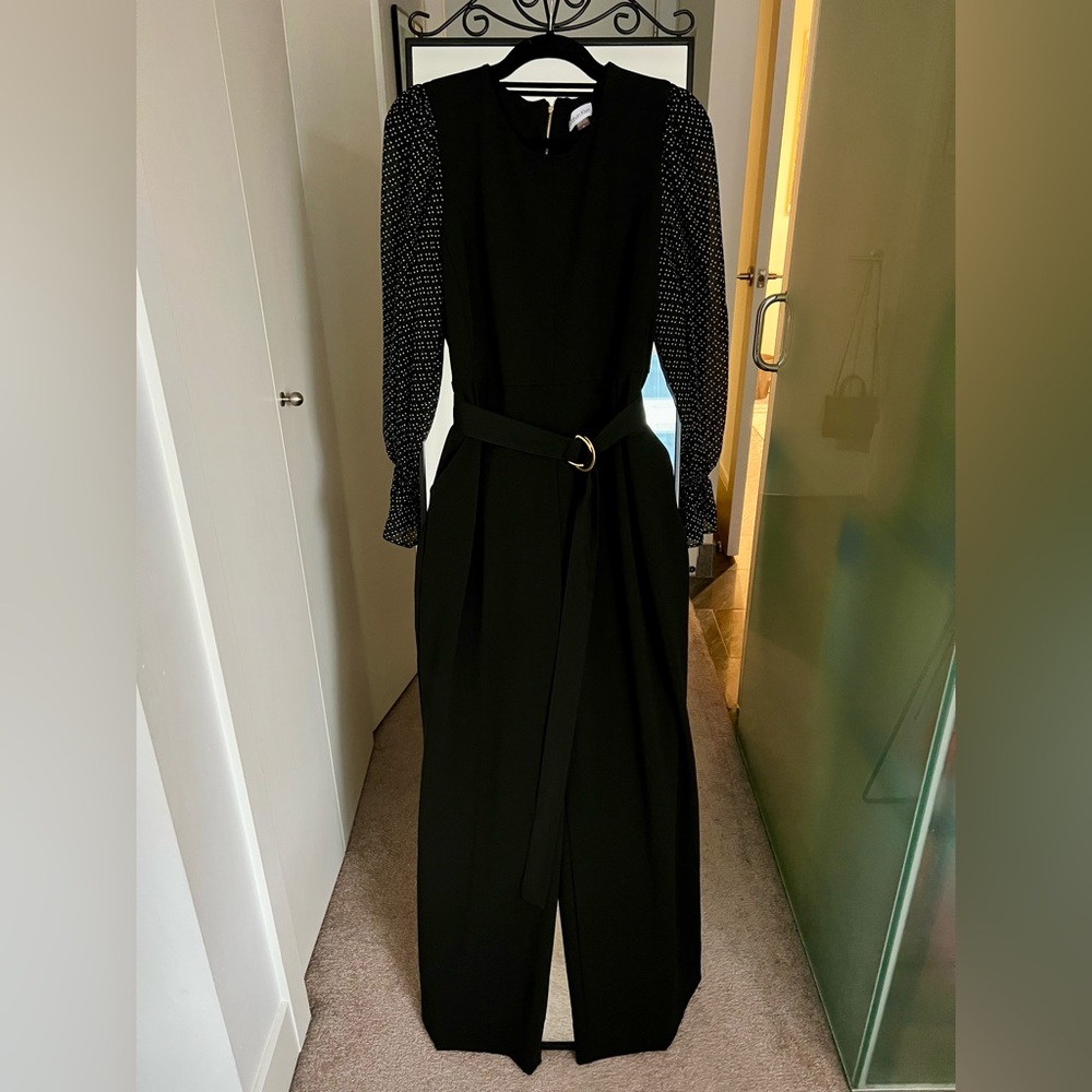 Calvin Klein Black Jumpsuit with Patterned Sleeves and Belt